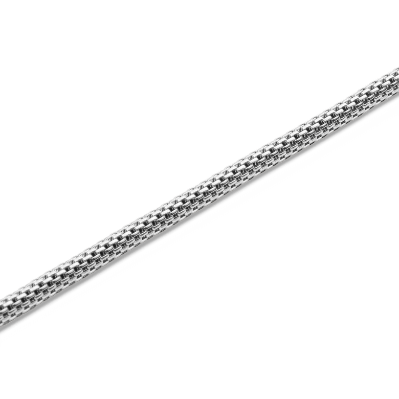 Close-up of the Tide Mesh Necklace Silver 2.8 showing the bold, polished silver mesh chain with fine, interlocking links and a smooth, modern finish.