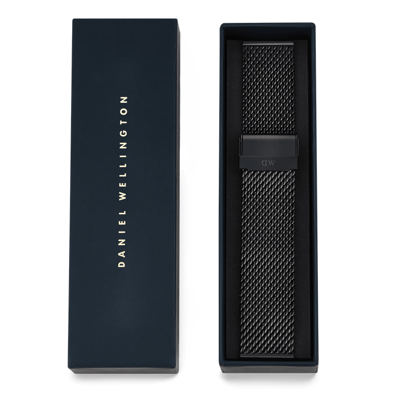 Onyx Mesh Strap in black stainless steel with a fine woven texture, presented in a Daniel Wellington gift box, ideal as a replacement mesh strap for classic or smartwatches.