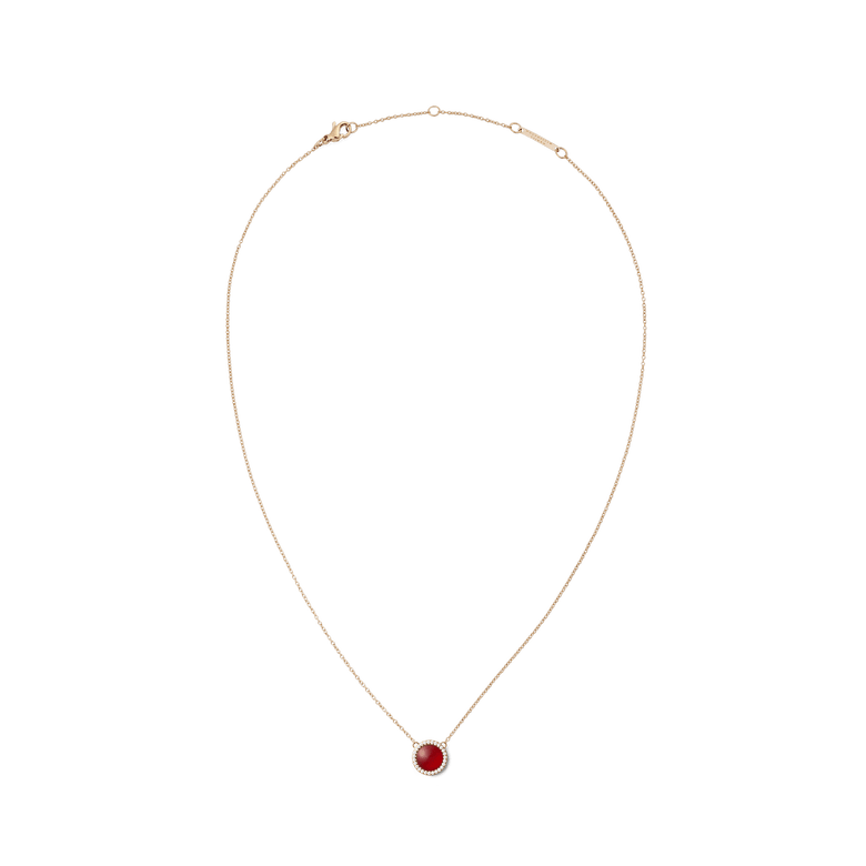 Rose gold necklace with a delicate chain, featuring a domed red agate stone pendant framed by a halo of white cubic zirconia crystals.