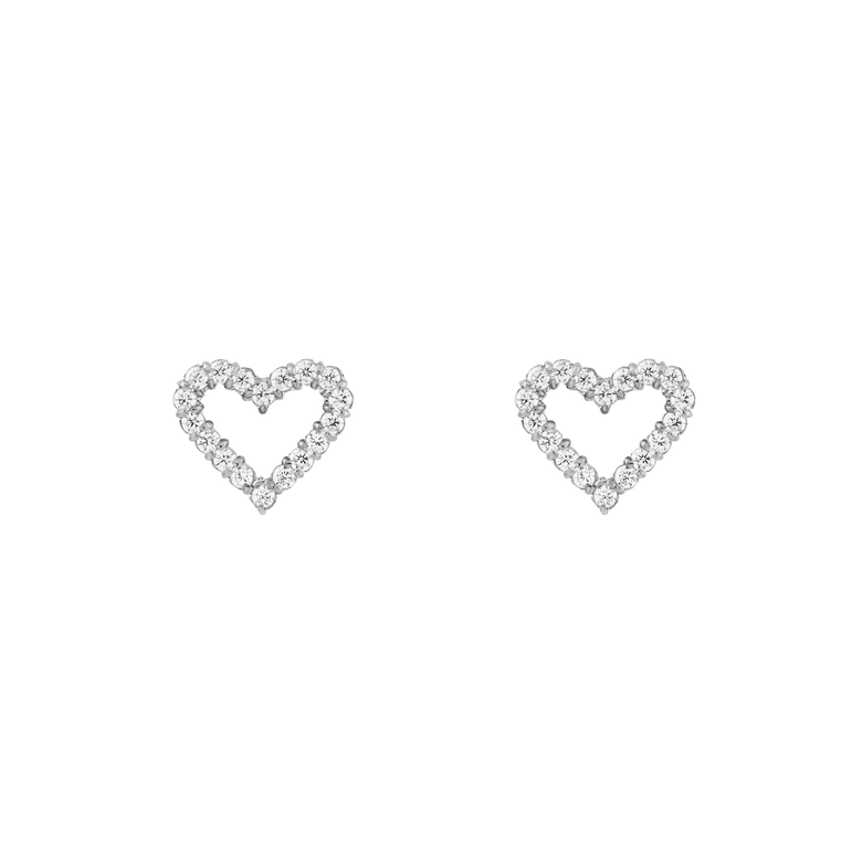 Pair of Mirelle Heart Earring Silver stud earrings featuring an open heart shape outlined with petite white cubic zirconia crystals, crafted from stainless steel for a delicate and modern look.