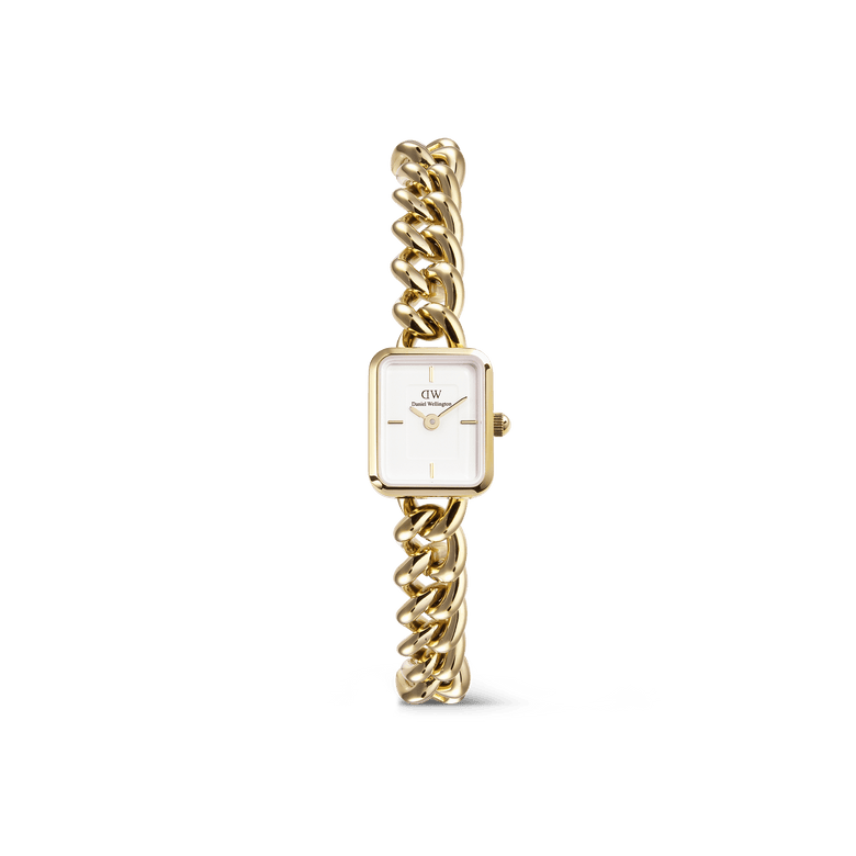 Jolie Chain Gold ladies watch featuring a chunky gold chain bracelet, a petite square white dial, and a minimalist design, ideal for everyday wear or stacking with other jewellery.