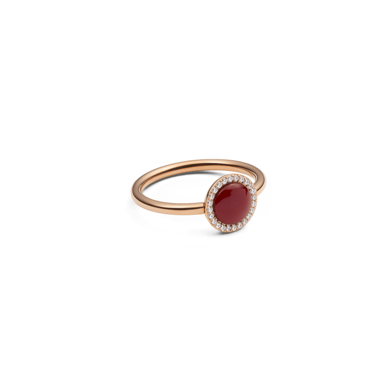 Audrey Ring Red Agathe Rose Gold featuring a slim rose gold band with a domed red agate centre stone, surrounded by a halo of sparkling white cubic zirconia crystals.