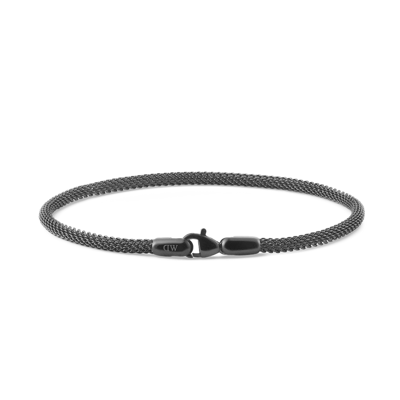 Slim graphite mesh bracelet with a secure lobster clasp, crafted from high quality stainless steel and featuring a minimalist, contemporary design suitable for both men and women.