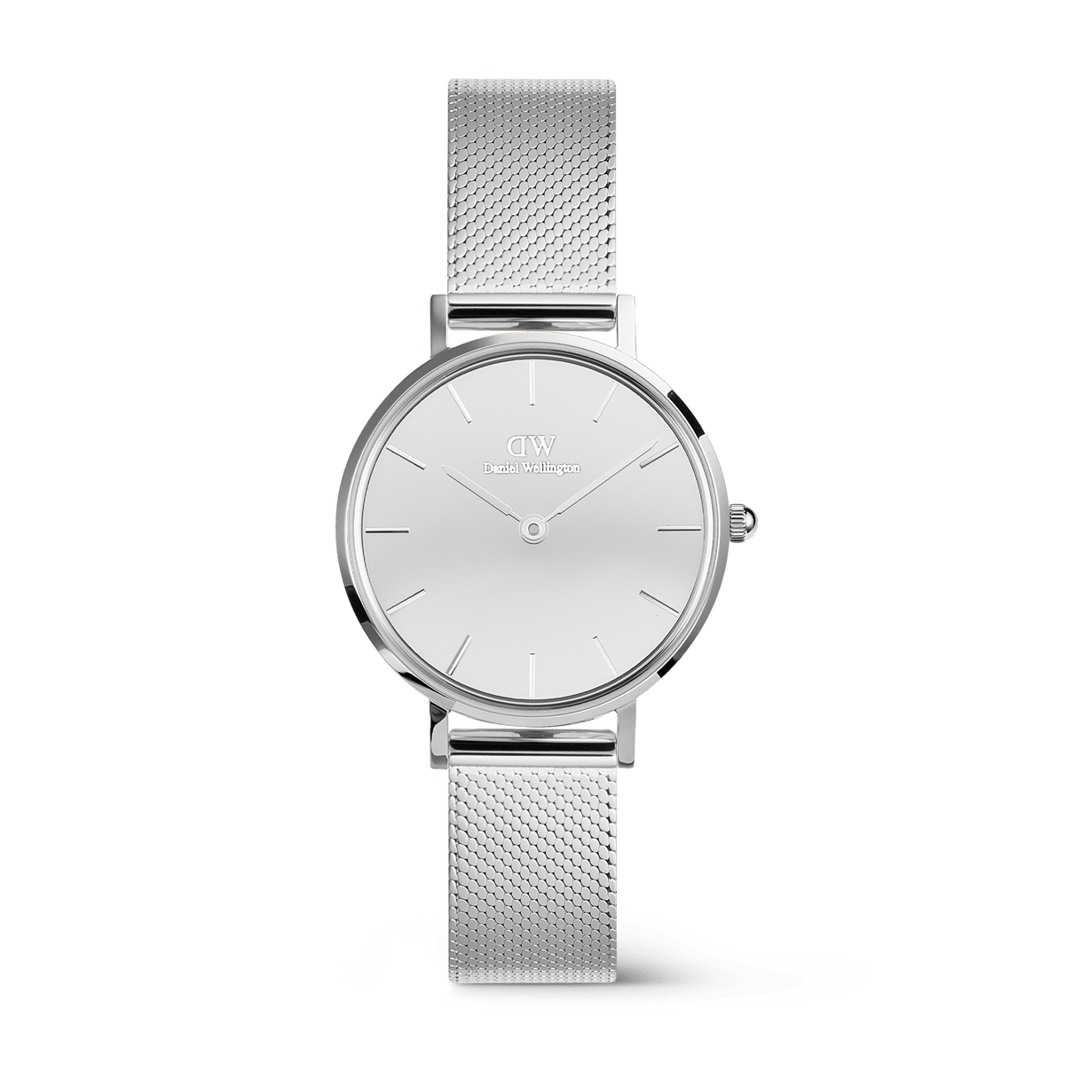 Petite Reflection Silver ladies watch with a 28mm mirror-effect silver dial and a polished, adjustable mesh strap, featuring a minimalist design ideal for both everyday wear and special occasions.