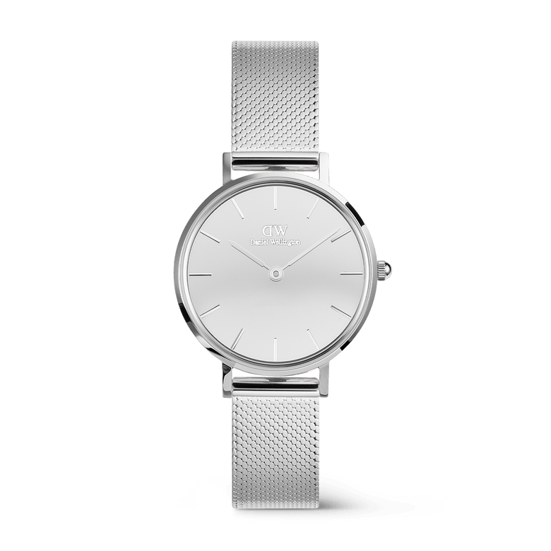 Petite Reflection Silver ladies watch with a 28mm mirror-effect silver dial and a polished, adjustable mesh strap, featuring a minimalist design ideal for both everyday wear and special occasions.