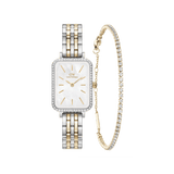 Rectangular Daniel Wellington watch with a mother-of-pearl dial, sparkling bezel, and two-tone gold and silver link bracelet, paired with a gold tennis bracelet featuring a row of shimmering stones.