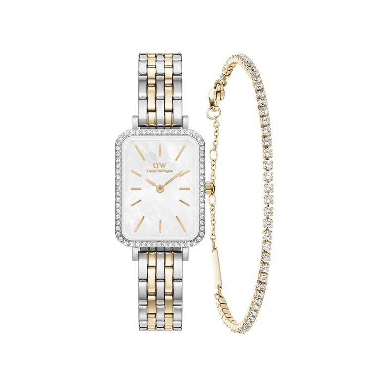 Rectangular Daniel Wellington watch with a mother-of-pearl dial, sparkling bezel, and two-tone gold and silver link bracelet, paired with a gold tennis bracelet featuring a row of shimmering stones.