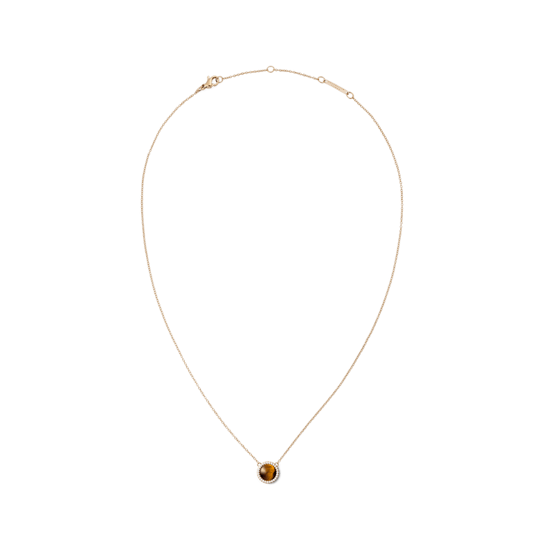 Rose gold necklace featuring a delicate chain and a round tiger eye pendant encircled by white cubic zirconia crystals, offering a refined and minimalistic look.
