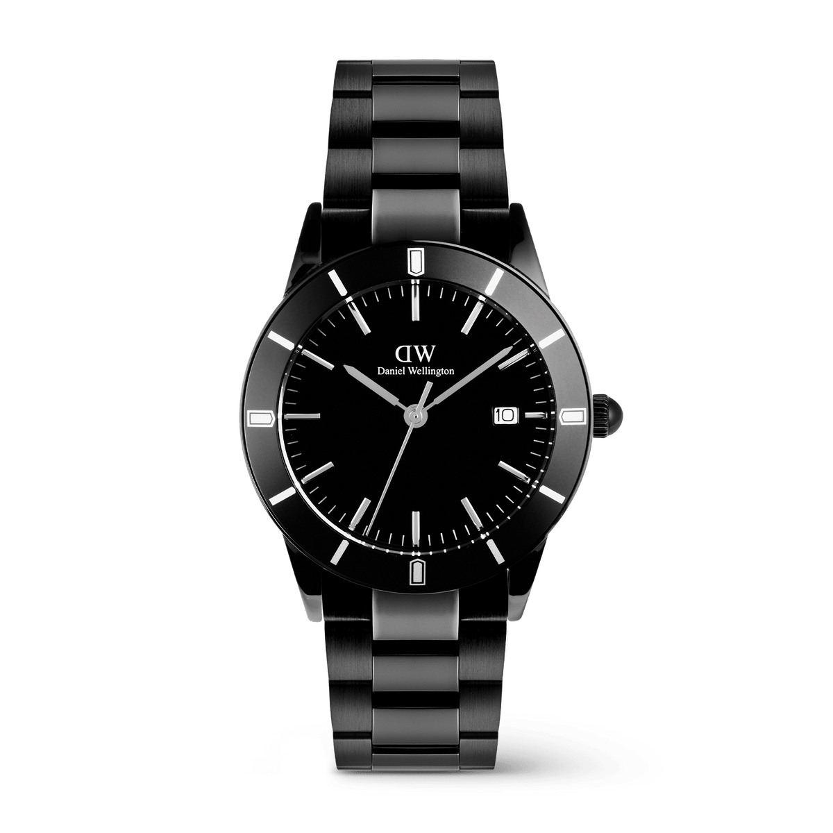 Iconic Paradigma Link Black men’s watch with a 40mm stainless steel case, minimalist black dial, bold index bezel, and a polished and brushed black link bracelet, featuring a date display and clear index markings.