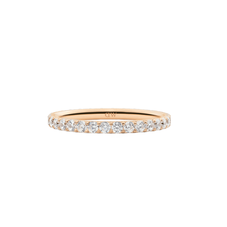 Mirelle Eternity Ring Rose Gold 2mm featuring a slim rose gold band set with a continuous row of white cubic zirconia crystals, offering a minimalist and elegant style.