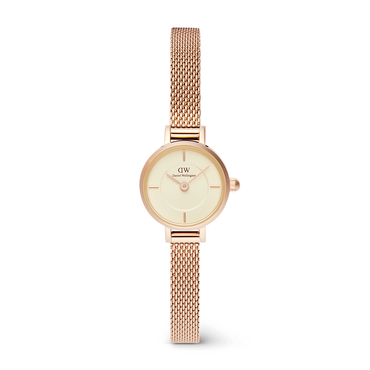 Petite Mini Champagne Melrose watch featuring a slim champagne dial and an elegant rose gold mesh strap, showcasing a minimalist and refined design.