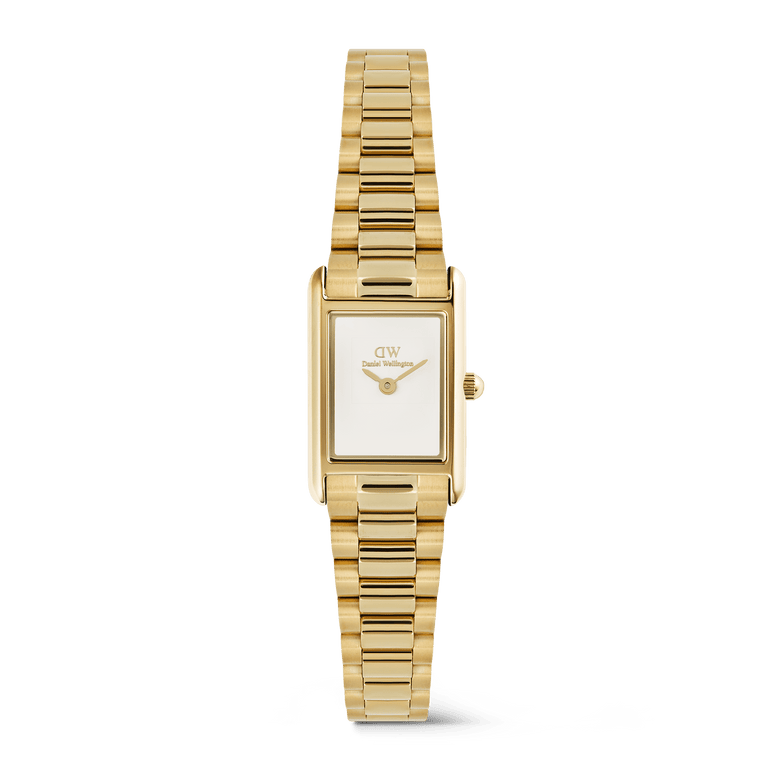 A ladies gold watch with a slim rectangular case, crisp white dial, and a classic 3-link gold bracelet, featuring a minimalist design and polished finish.