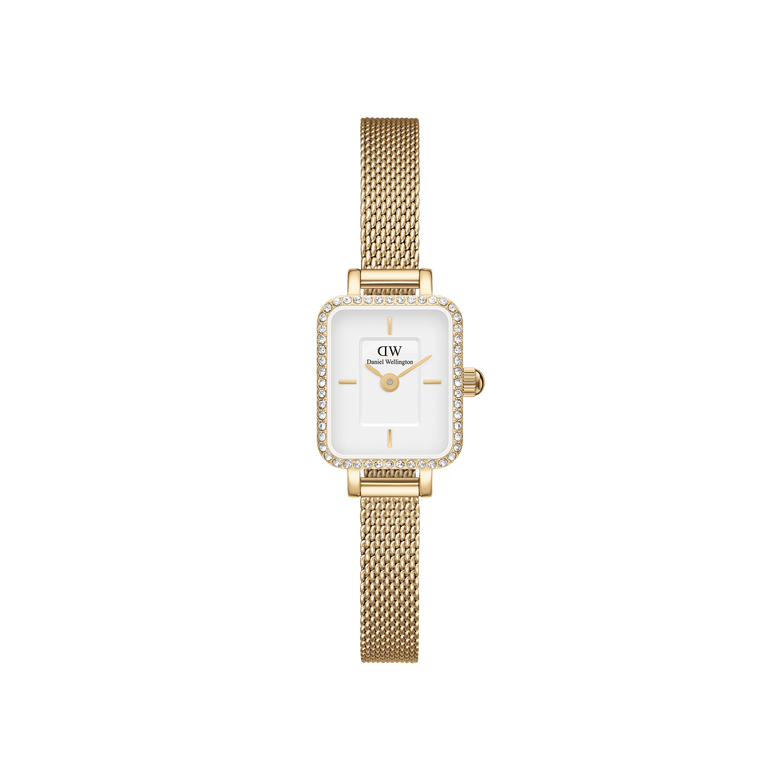 Quadro Mini Lumine Bezel Gold ladies watch with a rectangular white dial, crystal-set bezel, and a slim gold mesh strap, designed for everyday elegance and comfortable wear.