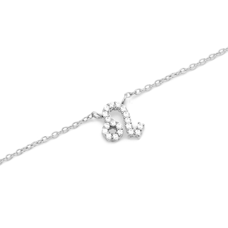 Close-up of the Crystal Zodiac Chain Necklace Silver with a Leo zodiac pendant, featuring hand-set sparkling crystals on a fine silver chain.
