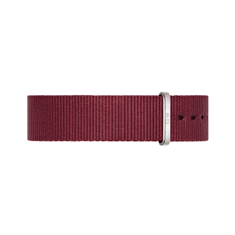 Roselyn Strap Silver features a deep ruby red NATO style polyester band with a polished silver buckle, ideal for updating men’s or women’s watches with a refined, modern look.