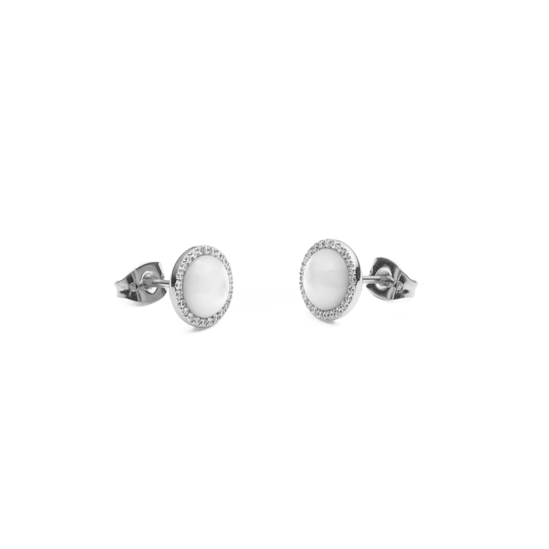 Daniel Wellington Audrey Earrings Mother of Pearl Silver featuring round domed mother of pearl centres, each encircled by a halo of white cubic zirconia crystals in a polished silver stud setting.