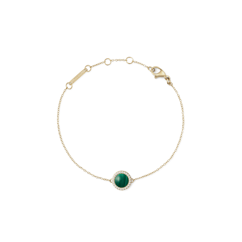 Delicate gold bracelet featuring a slim adjustable chain, a round green malachite centrepiece framed by white cubic zirconia, and a secure lobster clasp.