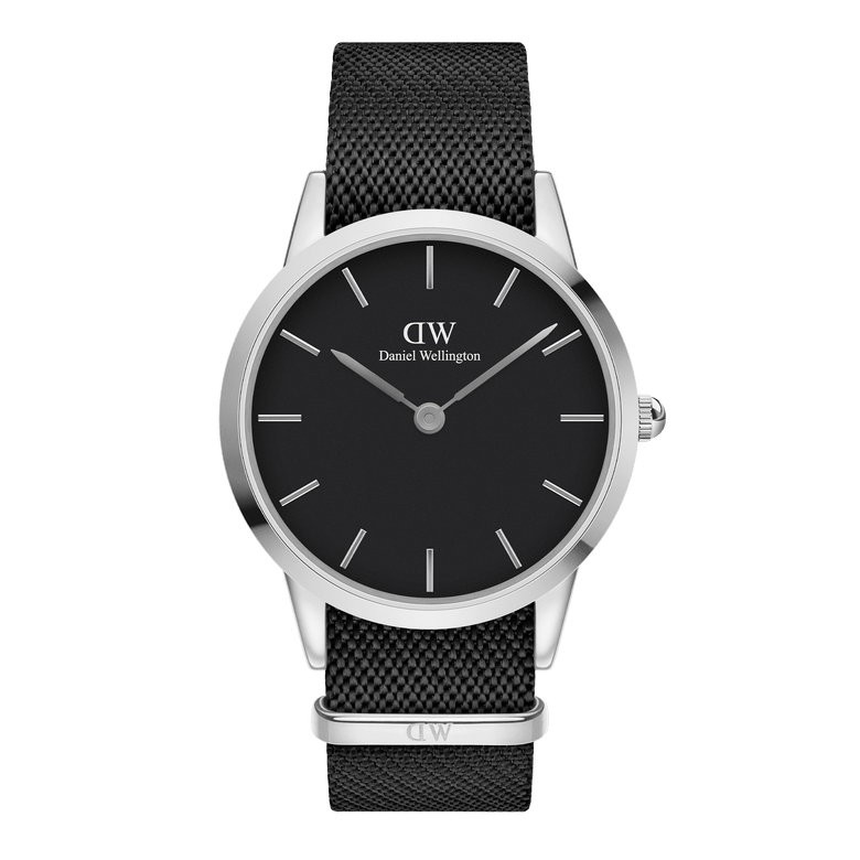 Classic Daniel Wellington Iconic Black NATO Black Dial watch with a minimalist black dial, polished silver case, and textured black NATO strap, featuring slim hour markers and a clean, modern design.