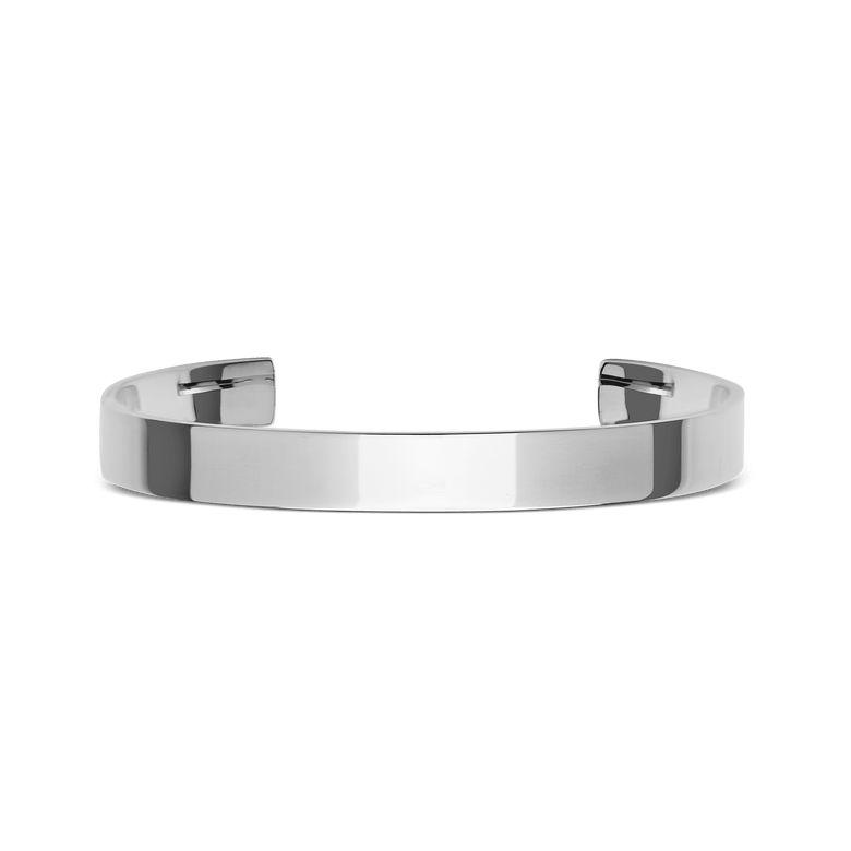 Polished silver Line Cuff bracelet with a minimalist open design, crafted from stainless steel and featuring a high-shine finish suitable for both men and women.
