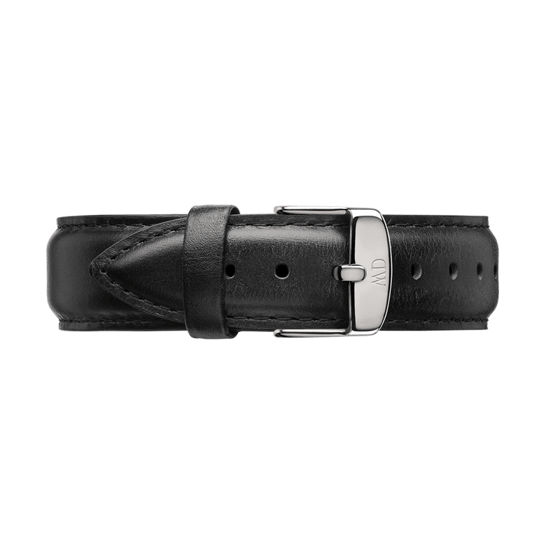 Sheffield Strap Silver in black genuine leather with a polished silver buckle, featuring smooth texture and detailed stitching for a classic, versatile look.