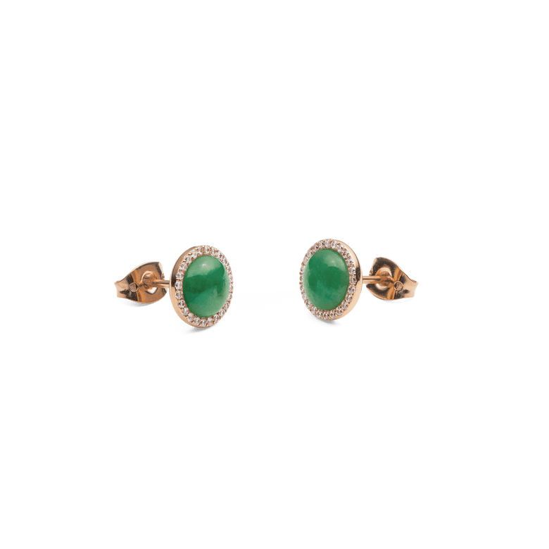 Daniel Wellington Audrey Earrings Jade Rose Gold featuring domed green jade stones, surrounded by white cubic zirconia halos and finished with rose gold butterfly clasps.