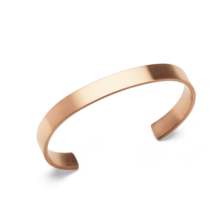 Line Cuff Brushed Rose Gold bracelet with a slim, open cuff design and a soft brushed rose gold finish, shown at an angle to highlight its smooth contours and minimalist style.
