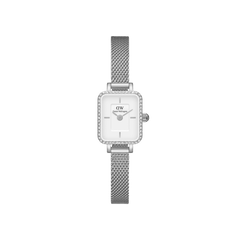 Quadro Mini Lumine Bezel Silver ladies watch with a rectangular white dial, crystal-studded bezel, and an adjustable silver mesh strap, designed for small wrists and everyday elegance.