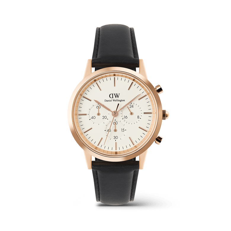 Iconic Chronograph Sheffield RG men’s watch with a white dial, rose gold case, three sub-dials, and a slim black leather strap, featuring minimalist design and practical chronograph functions.