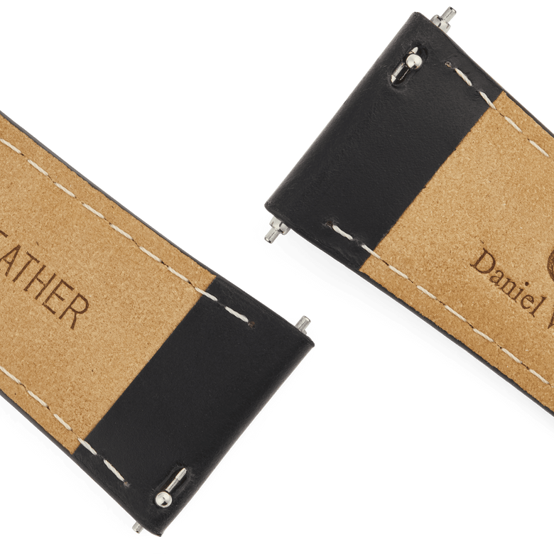 Close-up of the underside of the Tapered Sheffield Strap Gold, showing genuine leather material, white stitching, and quick-release connectors for easy attachment to a watch.