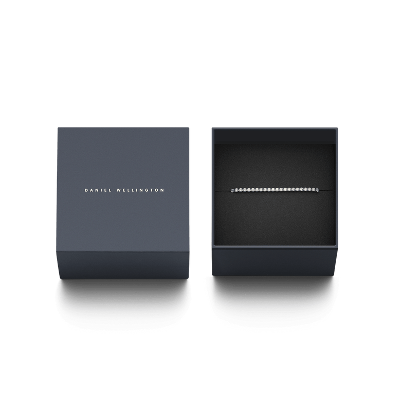 Classic Tennis Necklace Silver presented in an elegant Daniel Wellington gift box, highlighting its sparkling crystals and sleek silver finish.
