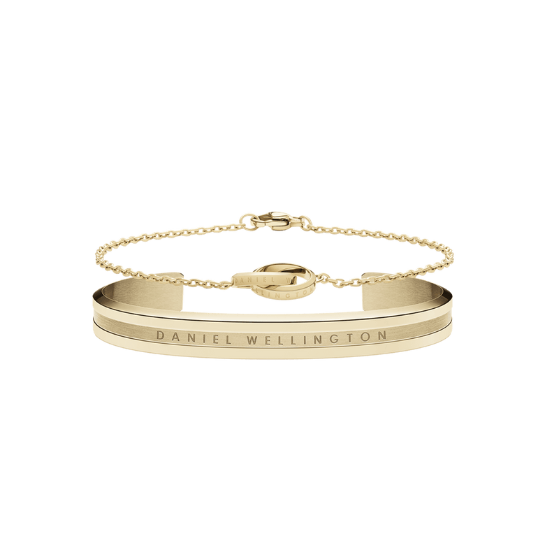Elan Bracelet & Unity Gold set featuring a minimalist gold cuff with engraved branding and a delicate chain bracelet with interlocking rings, both in a polished gold tone.
