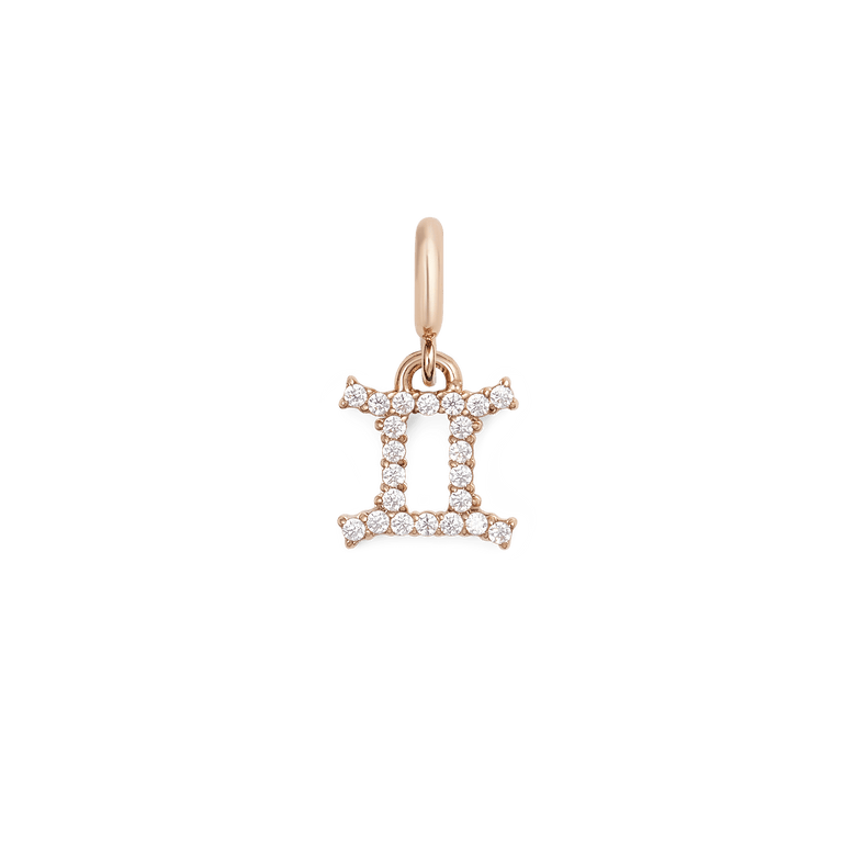 Gemini zodiac watch charm in rose gold, featuring sparkling cubic zirconia crystals and a sleek, minimalist design suitable for Daniel Wellington watches and bracelets.