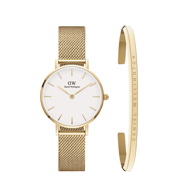 Minimalist gold mesh strap watch with a white dial and slim gold hour markers, paired with a classic gold bracelet featuring subtle engraved detailing, both designed for a refined and elegant look.
