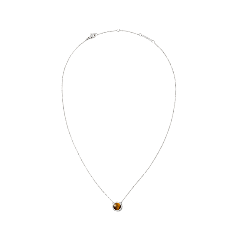 Silver necklace with an adjustable chain, featuring a domed tiger eye stone pendant surrounded by white cubic zirconia crystals.