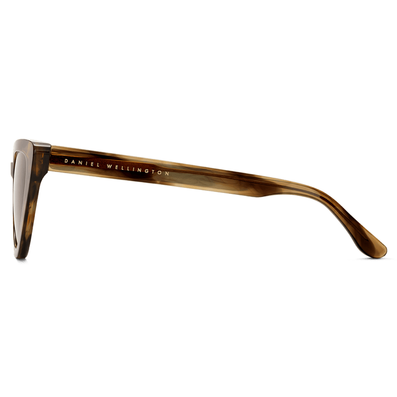 Side view of Lynx Bio-Acetate Brown Demi sunglasses showing the brown demi bio-acetate frame and Daniel Wellington branding on the arm.