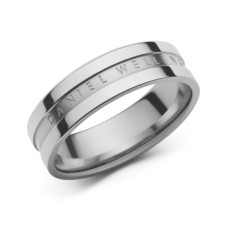 Polished silver Elan Ring Silver featuring clean lines, a classic band shape, and subtle engraved branding, crafted from stainless steel for a modern, minimalist look.