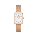 Quadro Lumine Pressed Melrose ladies watch with a rectangular rose gold case, eggshell white dial featuring crystal markers, and a slim rose gold mesh bracelet, ideal for small wrists and everyday wear.