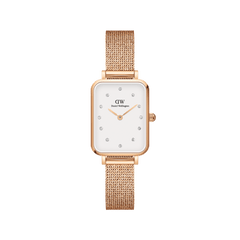 Quadro Lumine Pressed Melrose ladies watch with a rectangular rose gold case, eggshell white dial featuring crystal markers, and a slim rose gold mesh bracelet, ideal for small wrists and everyday wear.