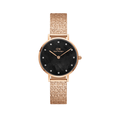 Rose gold ladies watch with a pressed piano link strap, black mother of pearl dial, and crystal markers, designed for everyday wear and elegant styling.