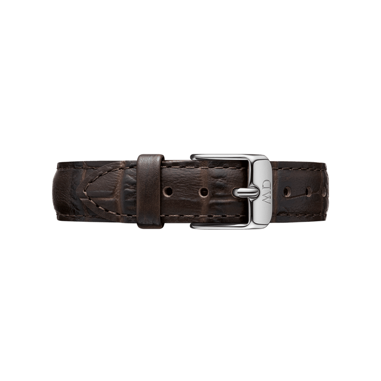 Croc-embossed dark brown genuine leather strap with adjustable silver buckle, designed for the Petite York Black Silver ladies watch and offering a comfortable, refined fit.