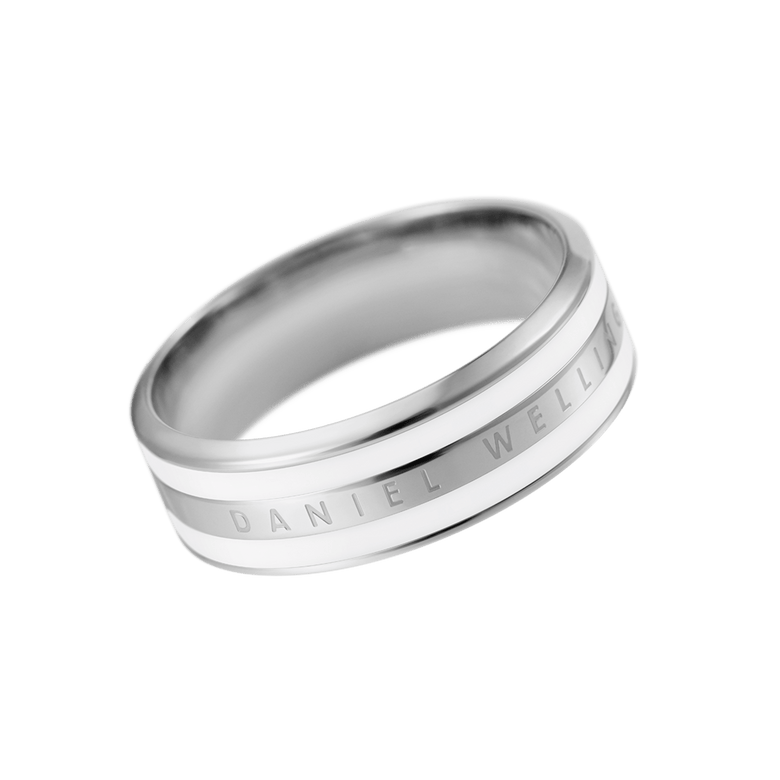 Silver stainless steel ring with a satin white enamel accent and engraved band, featuring the Daniel Wellington logo and a minimalist, modern design.
