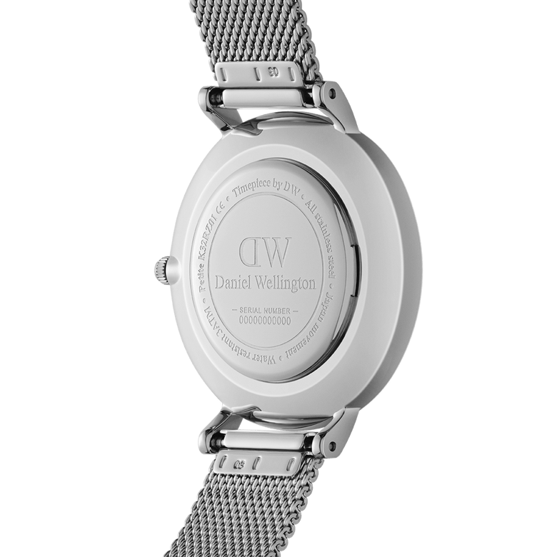 Back view of the Petite Sterling Silver watch showing the engraved stainless steel case, mesh strap attachment, and secure clasp for durability and comfort.