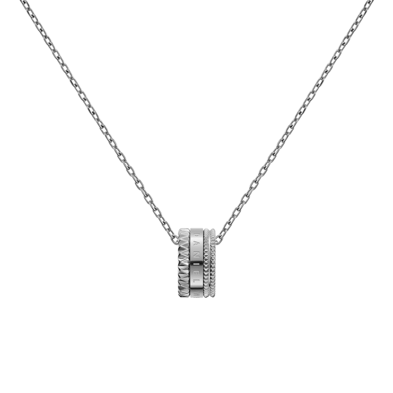 Elevation Necklace Silver featuring a bold geometric ring pendant with engraved detailing and a smooth, minimalist silver chain, designed for versatile everyday wear.