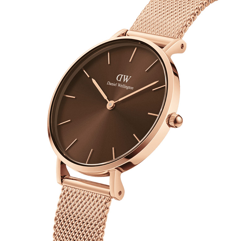 Close-up of the Petite Amber Rose Gold ladies watch showing its amber brown sunray dial, slim rose gold case, and fine mesh strap, highlighting the minimalist and elegant design.