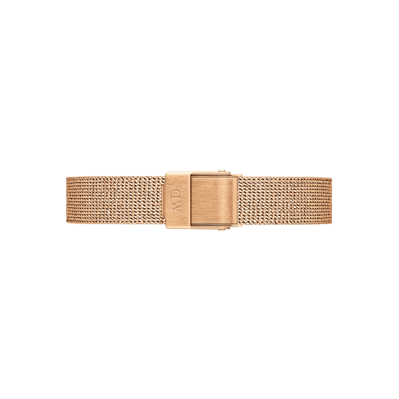 Rose gold mesh bracelet with an adjustable clasp, designed for the Quadro Pressed Melrose Green Rose Gold women’s watch, offering a secure and comfortable fit for daily wear.