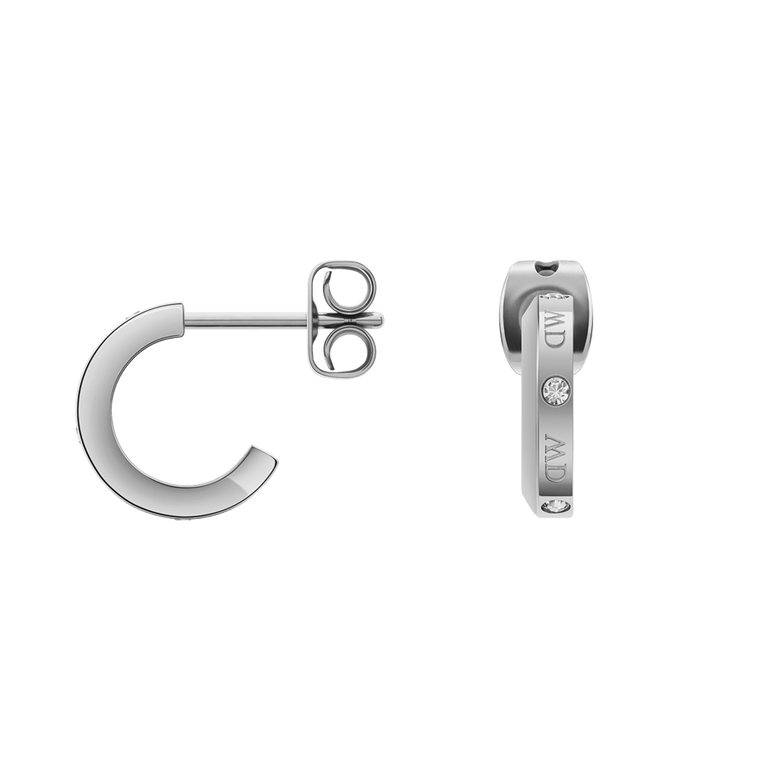 Classic Lumine Silver earrings in a polished silver finish, featuring a half-hoop design with engraved details and sparkling crystal accents, displayed from side and front views.