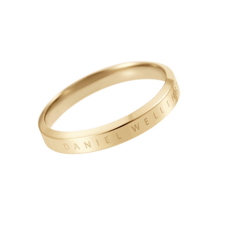Classic Ring Gold by Daniel Wellington featuring a slim, minimalist gold band with engraved branding, crafted from stainless steel with a polished PVD gold finish.