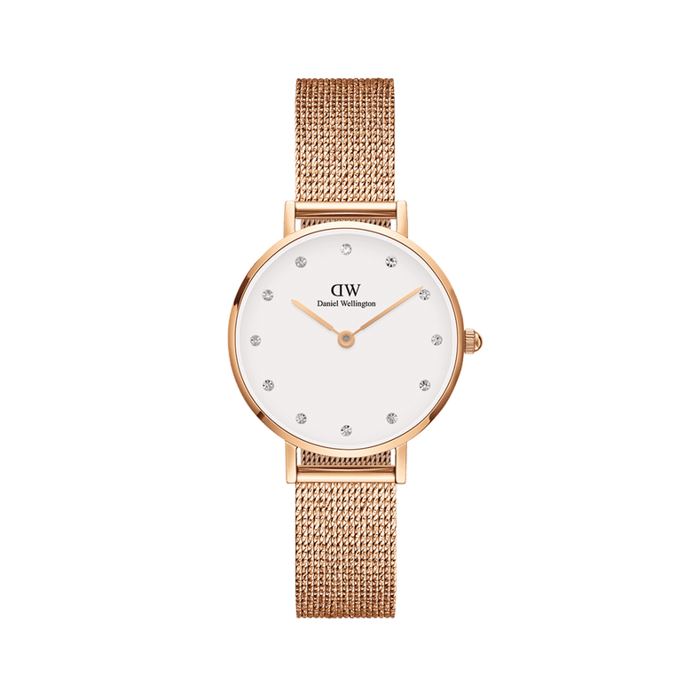 Rose gold Daniel Wellington Petite Lumine Pressed Melrose ladies watch with a minimalist white dial, crystal hour markers, and an adjustable pressed mesh strap.