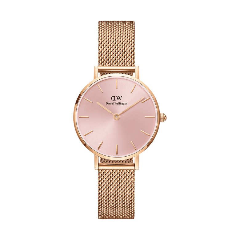 Petite Melrose Light Pink Rose Gold watch featuring a soft pink dial, minimalist gold hour markers, and a rose gold mesh strap, ideal for women seeking a refined and versatile accessory.