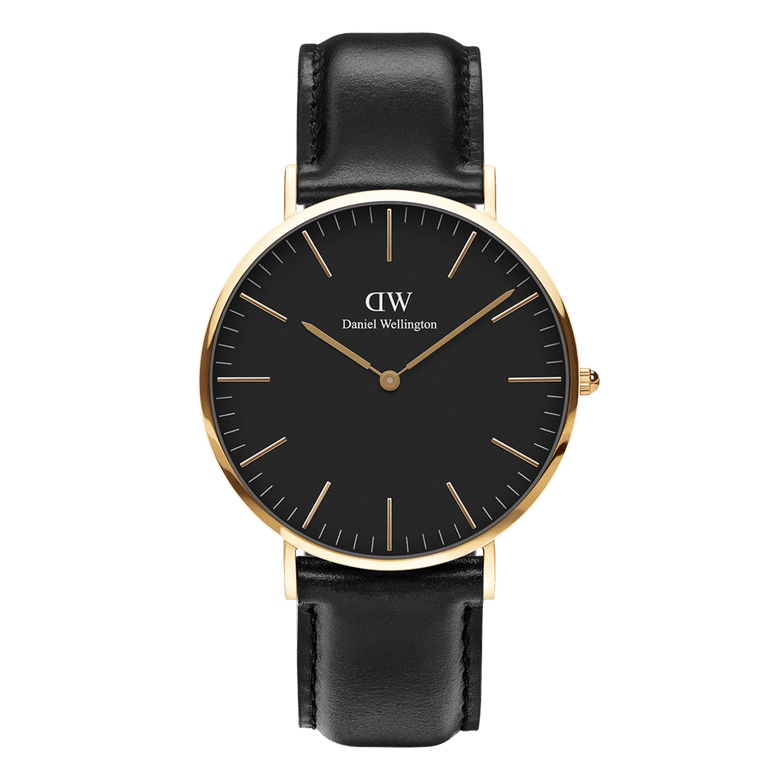 Classic Sheffield Gold men's watch featuring a black dial, slim gold markers, and a black genuine leather strap with a gold-plated round case, showcasing a minimalist and timeless design.
